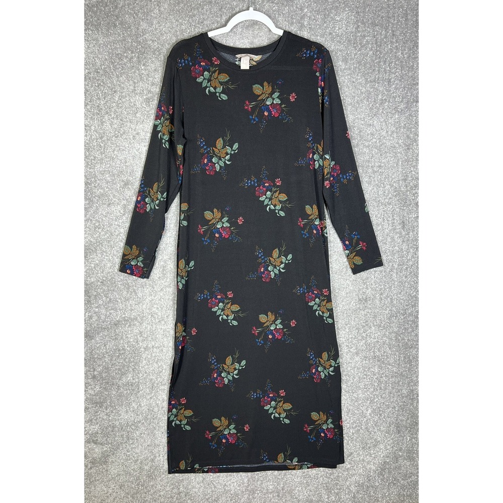 H&M Jersey Knit Midi Dress Womens Size 3XL Stretch Black Floral Side Slits